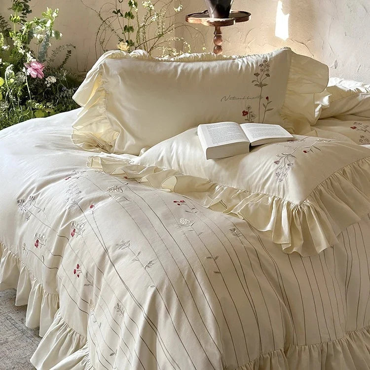 Bed Set Cotton-Linen Breathable Embroidered Ruffled Skirt 4-Piece