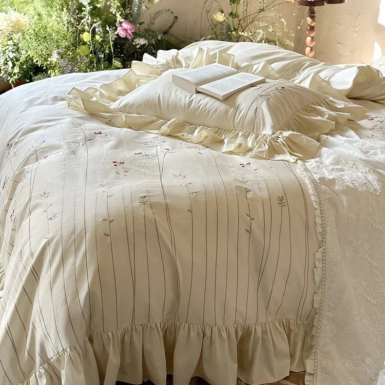 Bed Set Cotton-Linen Breathable Embroidered Ruffled Skirt 4-Piece