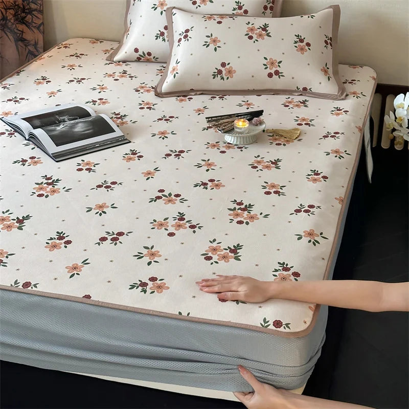 Bed Sheet Set Breathable Cotton Floral Print & Decorative Hem
