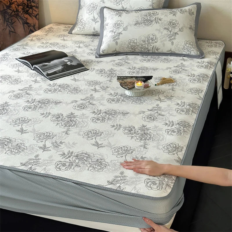 Bed Sheet Set Breathable Cotton Floral Print & Decorative Hem