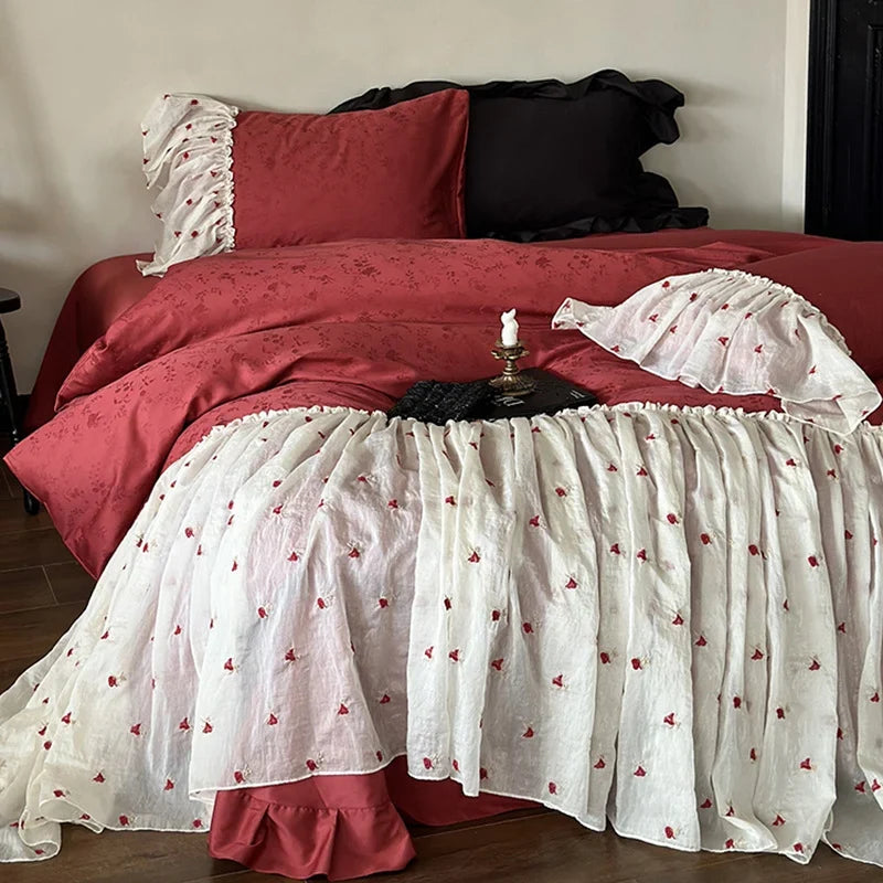 Bed Skirt & Pillowcase Set Cotton-Linen Embroidered Ruffles