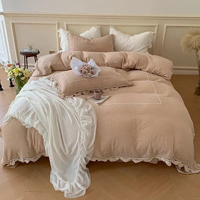 Bedding Set 100% Cotton Gauze Ruffle Trim Concealed Zipper