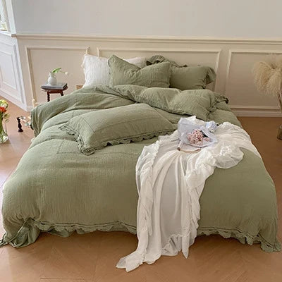 Bedding Set 100% Cotton Gauze Ruffle Trim Concealed Zipper