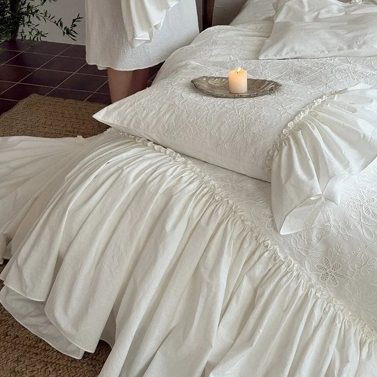Bedding Set 100% Cotton Muslin Broderie Anglaise 4-Piece