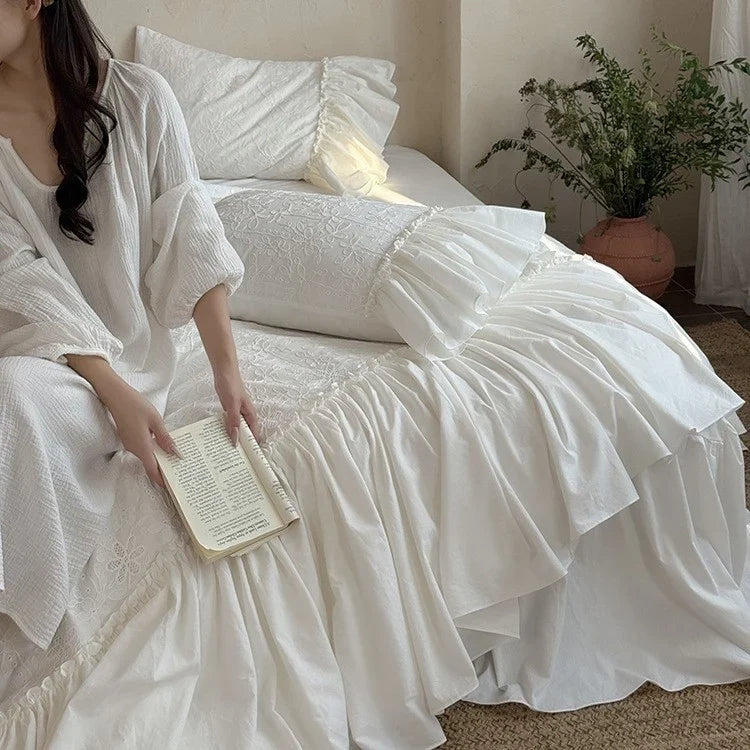 Bedding Set 100% Cotton Muslin Broderie Anglaise 4-Piece