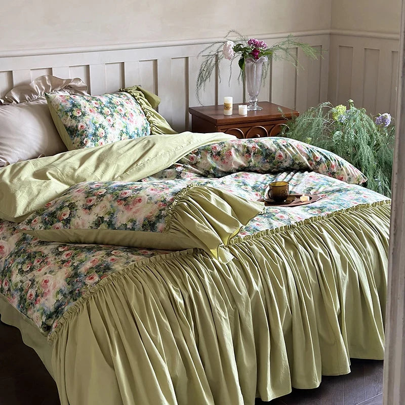 Bedding Set 100% Cotton Reversible Floral Ruffle Trim 4-Piece