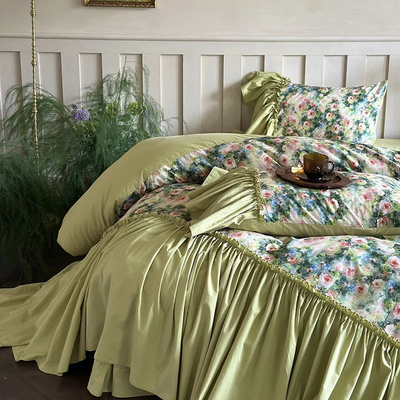 Bedding Set 100% Cotton Reversible Floral Ruffle Trim 4-Piece