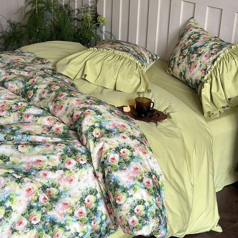 Bedding Set 100% Cotton Reversible Floral Ruffle Trim 4-Piece