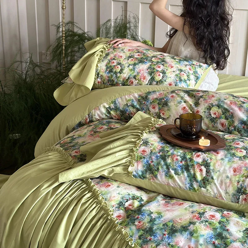 Bedding Set 100% Cotton Reversible Floral Ruffle Trim 4-Piece