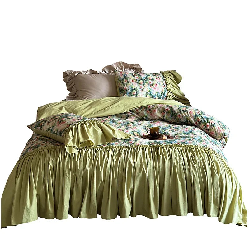 Bedding Set 100% Cotton Reversible Floral Ruffle Trim 4-Piece