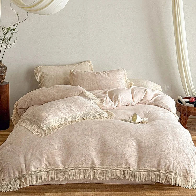 Bedding Set 4-Piece Cotton Satin Jacquard Fringed Trim