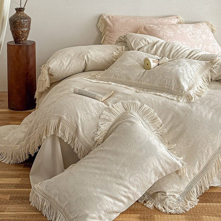 Bedding Set 4-Piece Cotton Satin Jacquard Fringed Trim
