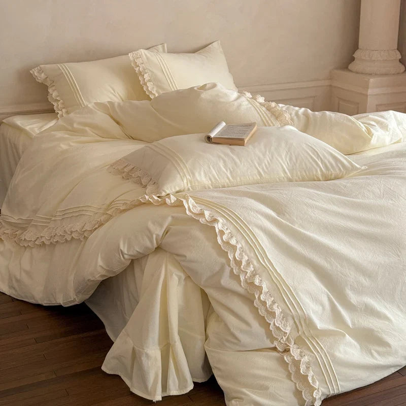Bedding Set 4 Piece Lace & Ruffle 100% Cotton