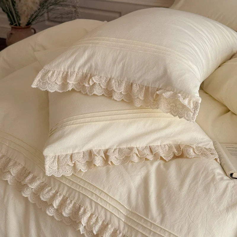Bedding Set 4 Piece Lace & Ruffle 100% Cotton