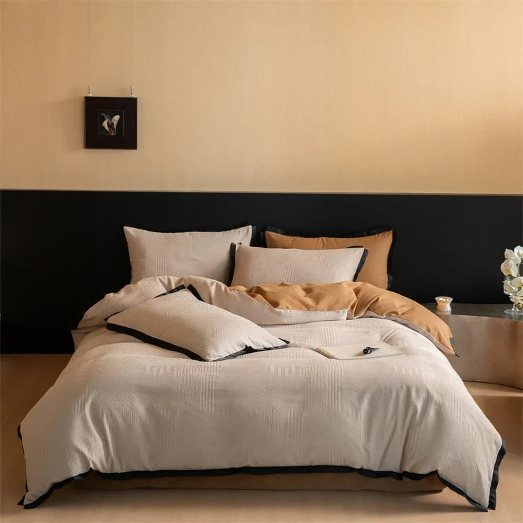 Bedding Set 4-Piece Reversible Jacquard & Contrast Piping
