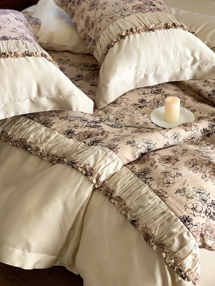 Bedding Set 4-Piece Satin Floral Jacquard Concealed Zipper