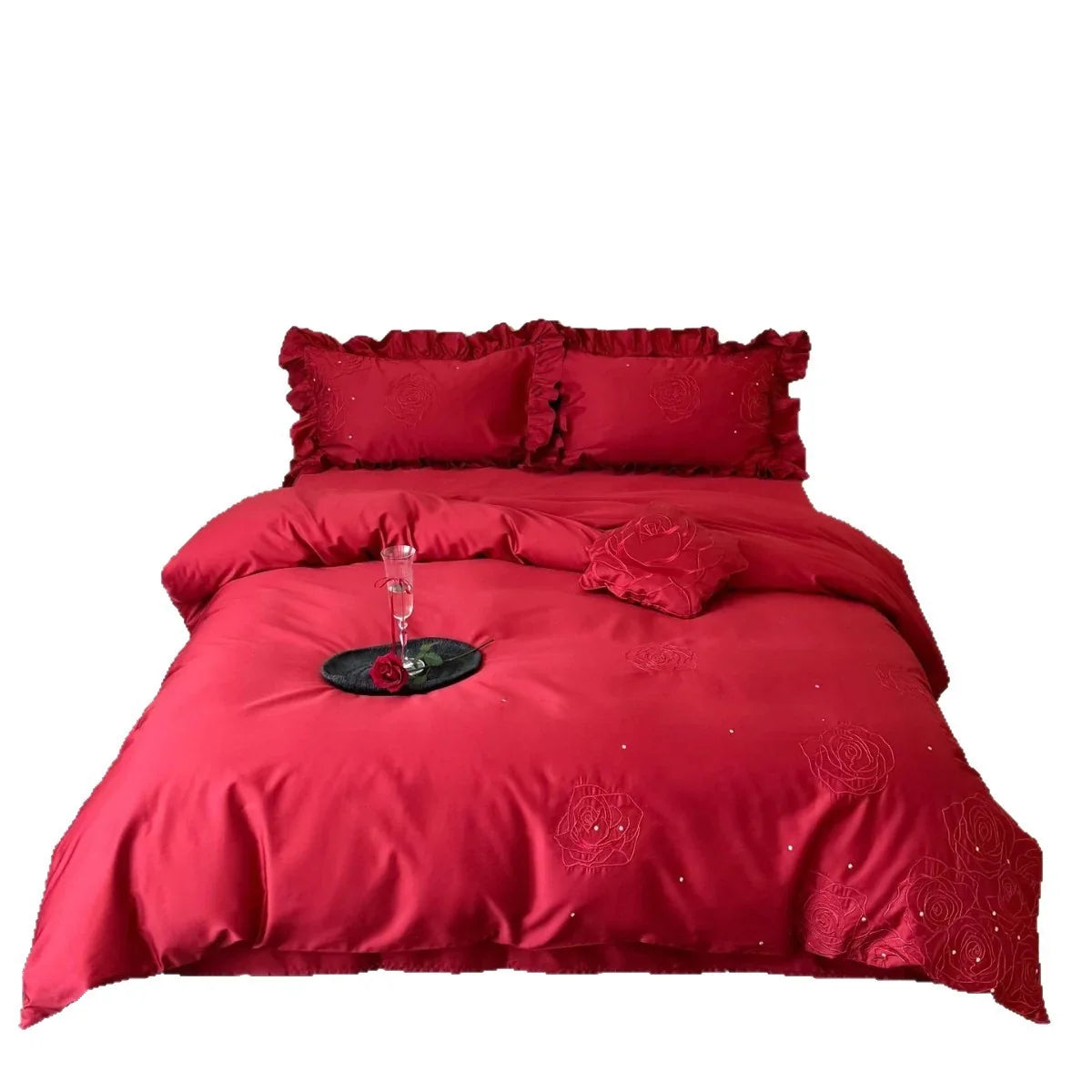 Bedding Set 4-Piece Satin-Look & Rose Embroidery