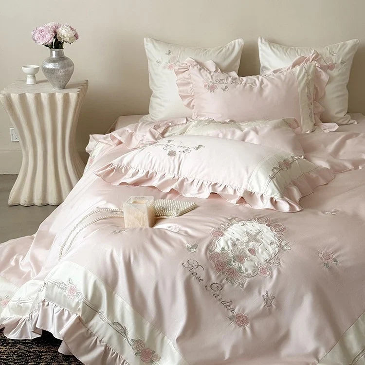Bedding Set 4-Piece Silky Cotton Satin Rose Embroidery