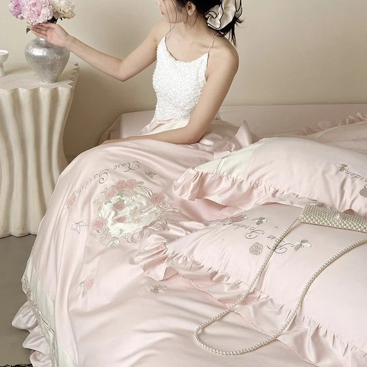 Bedding Set 4-Piece Silky Cotton Satin Rose Embroidery