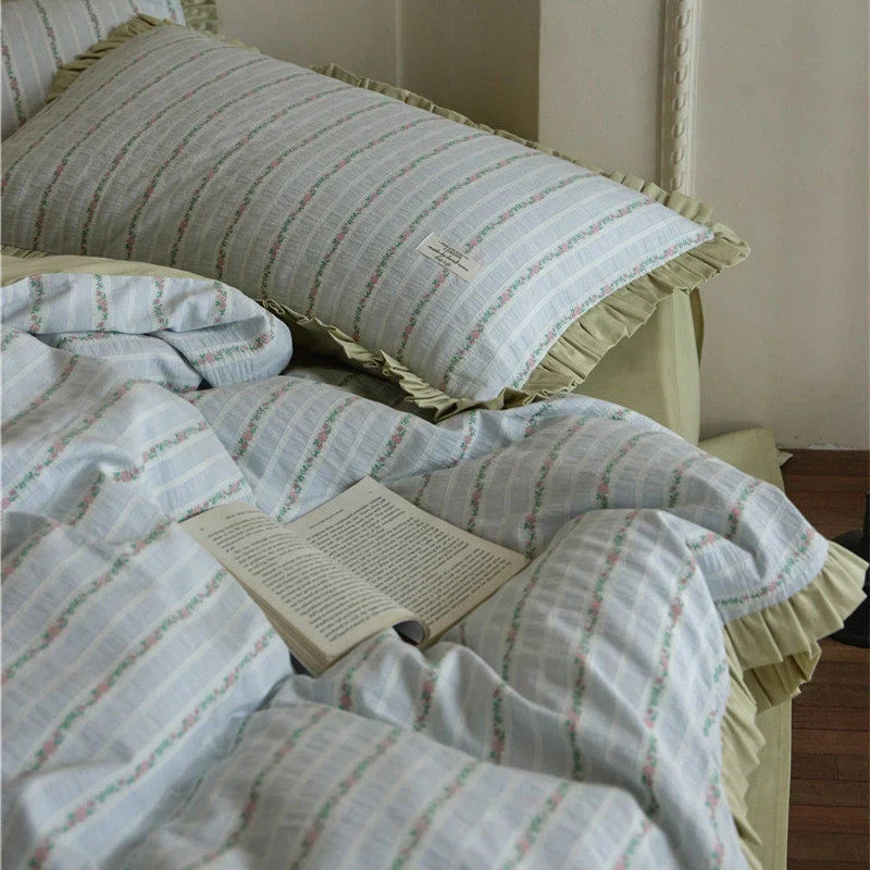 Bedding Set Breathable Cotton Blend Fine Striped Ruffle Trim