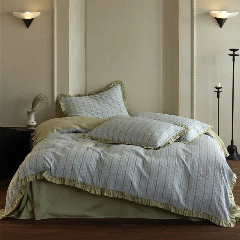 Bedding Set Breathable Cotton Blend Fine Striped Ruffle Trim
