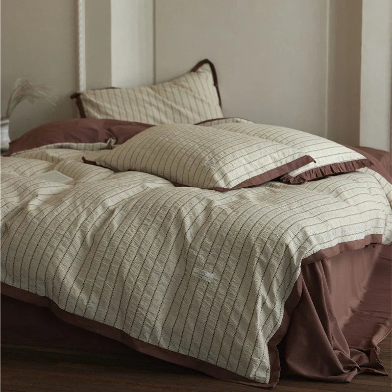Bedding Set Breathable Cotton Blend Fine Striped Ruffle Trim