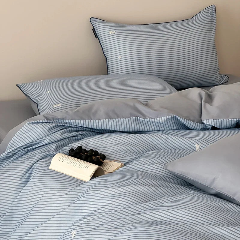 Bedding Set Breathable Cotton Fine Stripe Machine Washable