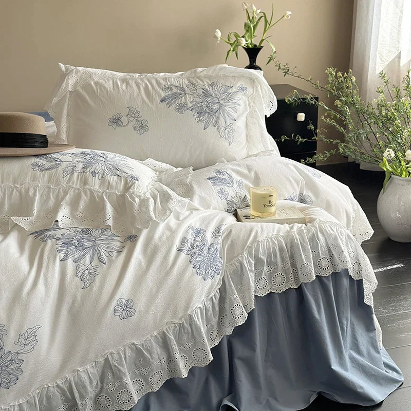 Bedding Set Breathable Cotton Floral Embroidery & Lace