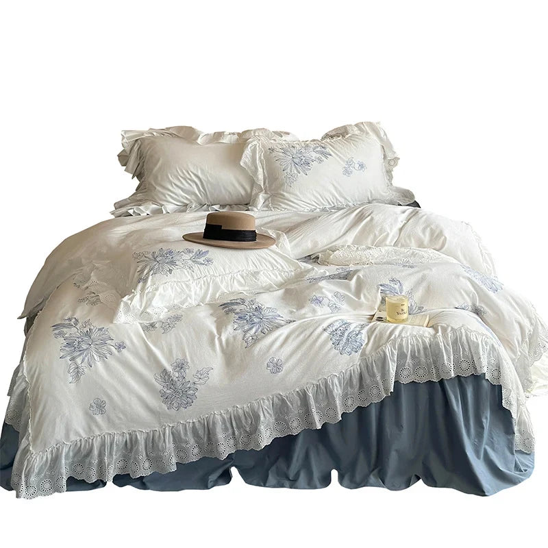 Bedding Set Breathable Cotton Floral Embroidery & Lace