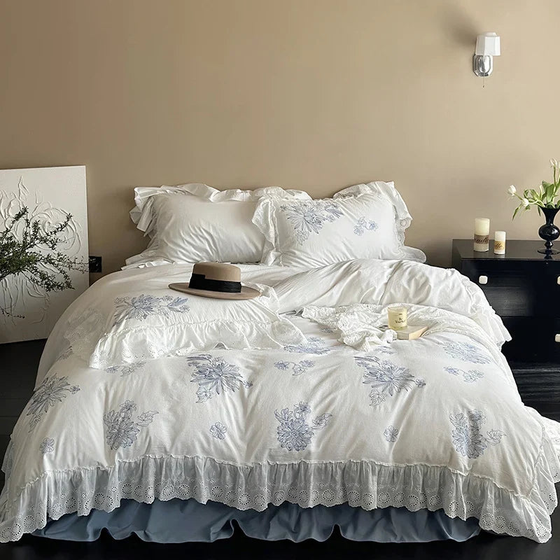 Bedding Set Breathable Cotton Floral Embroidery & Lace