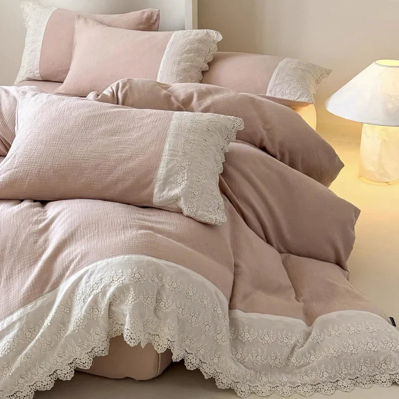 Bedding Set Breathable Cotton Gauze Cooling Lace Trim 4 Piece
