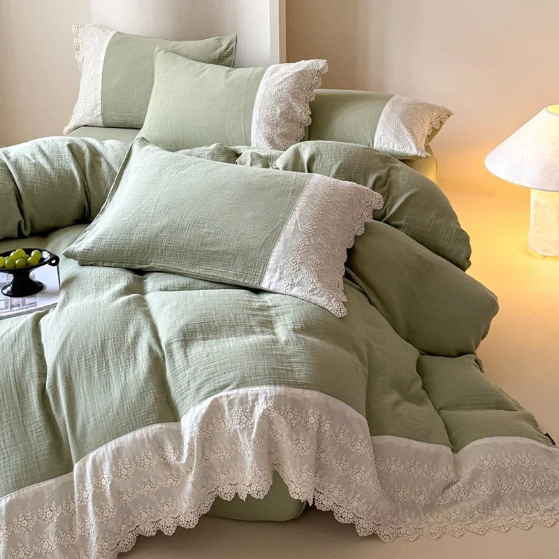 Bedding Set Breathable Cotton Gauze Cooling Lace Trim 4 Piece