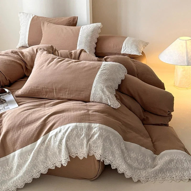 Bedding Set Breathable Cotton Gauze Cooling Lace Trim 4 Piece
