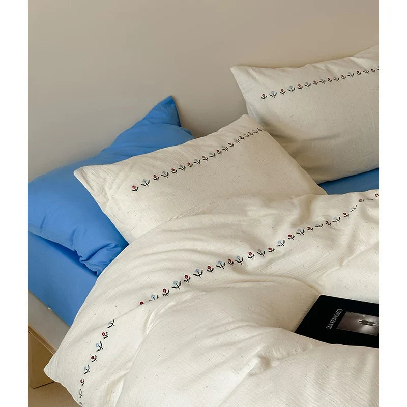 Bedding Set Breathable Cotton Gauze Embroidered Border 4-Piece