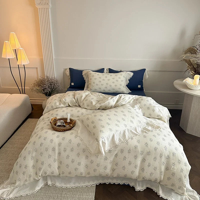 Bedding Set Breathable Cotton Gauze Floral & Lace Trim 4-Piece