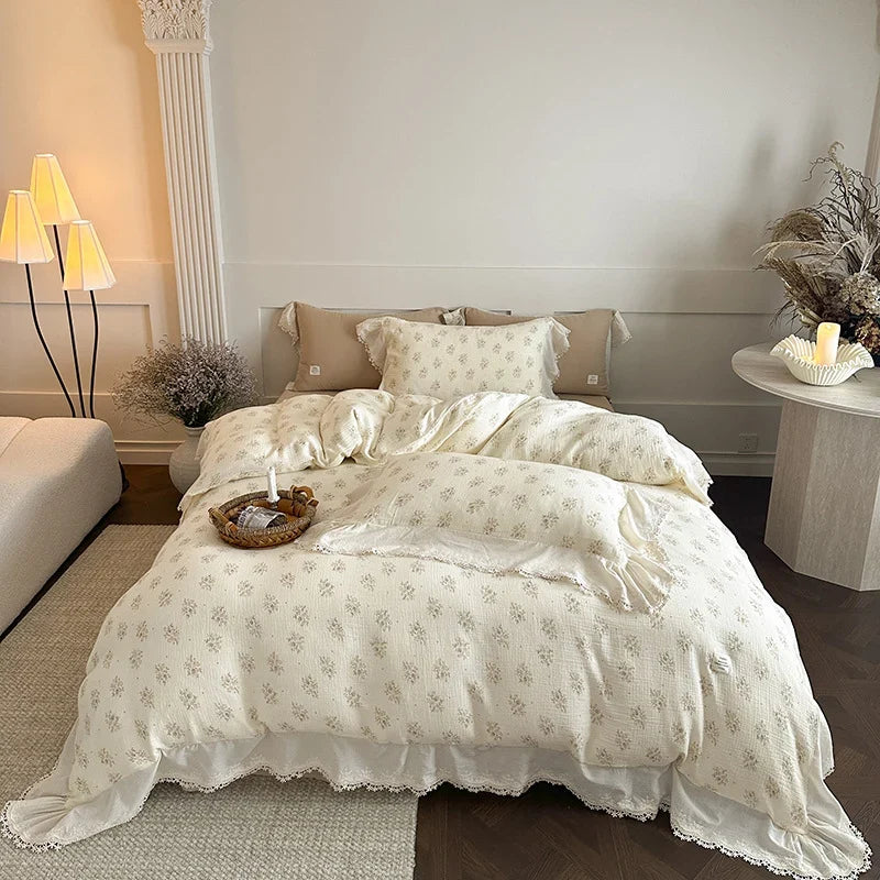 Bedding Set Breathable Cotton Gauze Floral & Lace Trim 4-Piece