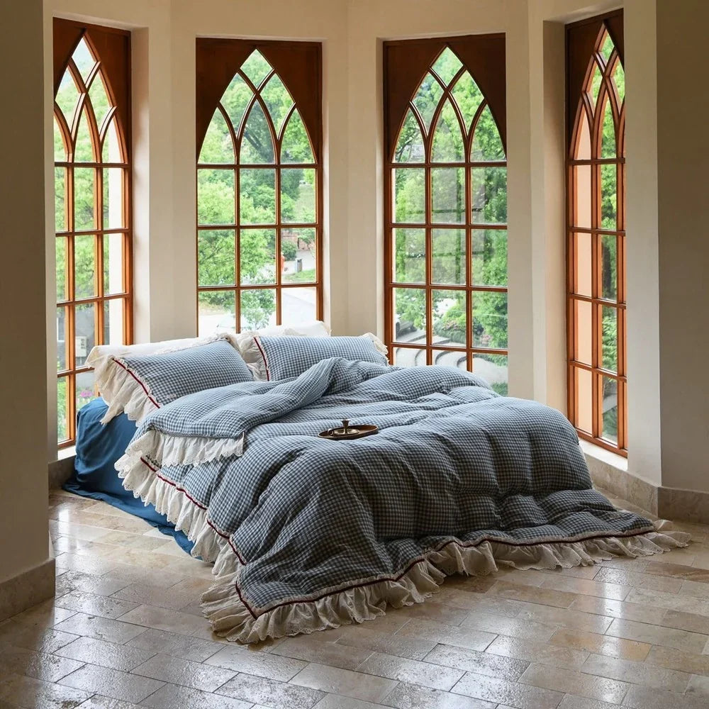 Bedding Set Breathable Cotton Gauze Lace Trim 4-Piece