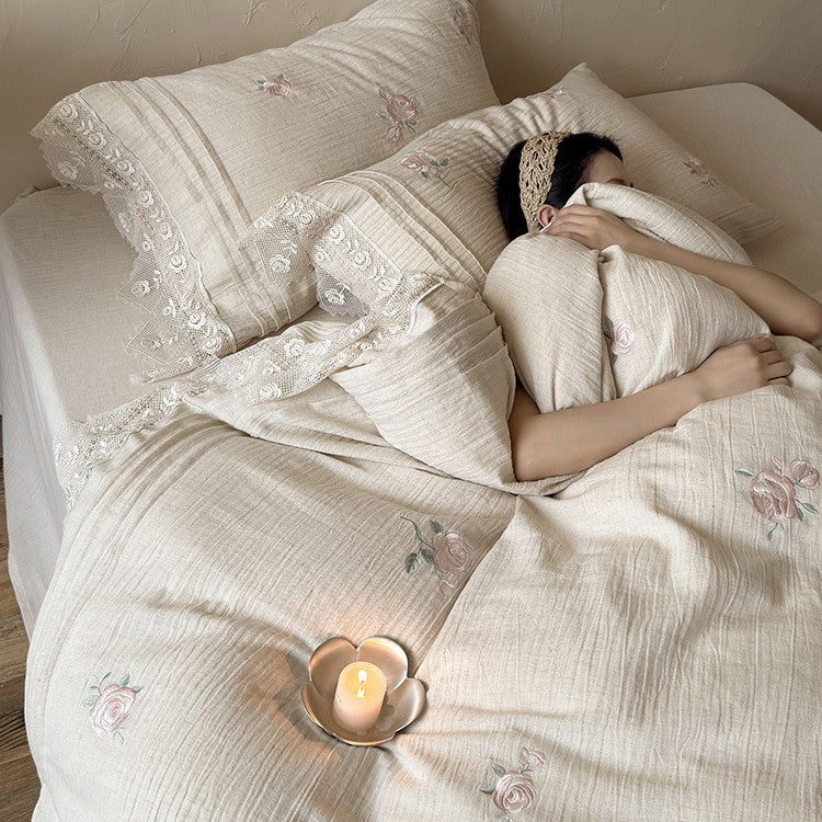 Bedding Set Breathable Cotton Gauze Rose Embroidery 4 Piece