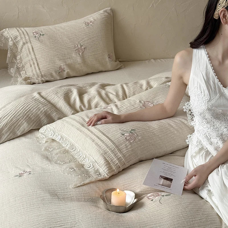 Bedding Set Breathable Cotton Gauze Rose Embroidery 4 Piece