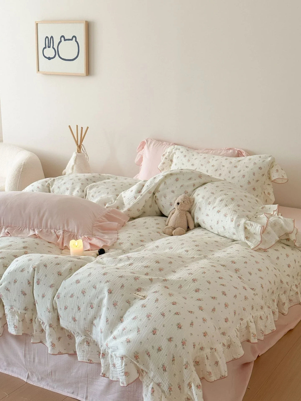 Bedding Set Breathable Cotton Gauze & Ruffled Trim