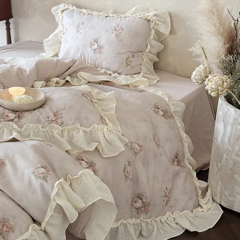 Bedding Set Breathable Cotton Gauze Watercolor Rose Ruffle Trim