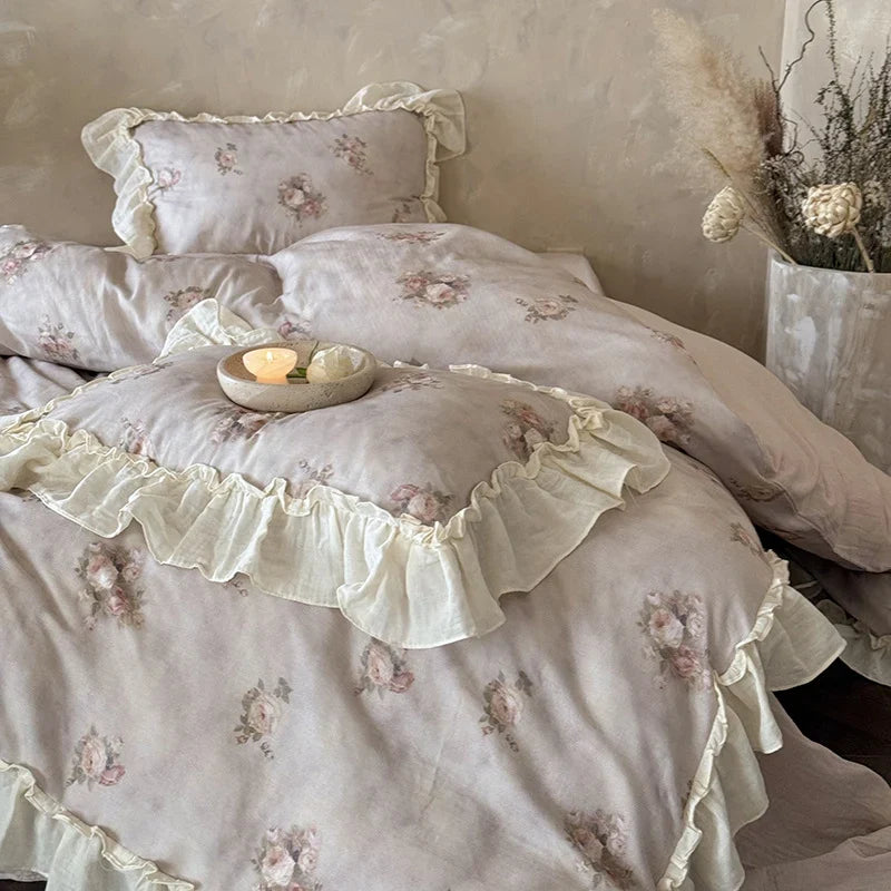 Bedding Set Breathable Cotton Gauze Watercolor Rose Ruffle Trim