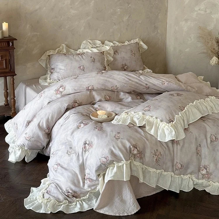 Bedding Set Breathable Cotton Gauze Watercolor Rose Ruffle Trim