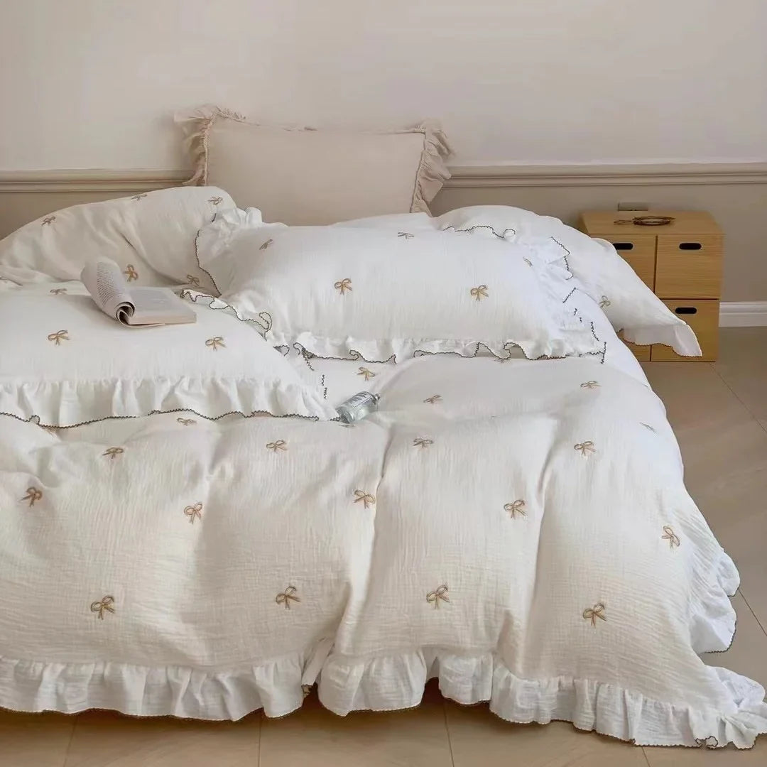 Bedding Set Breathable Cotton Muslin Bow Embroidery