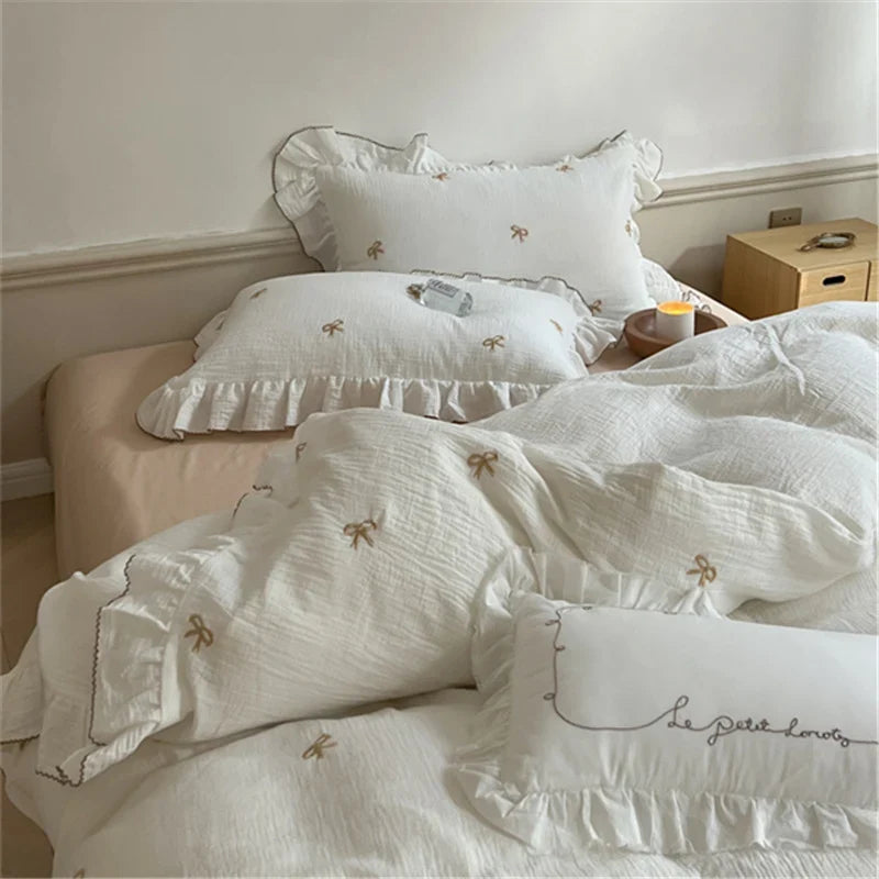 Bedding Set Breathable Cotton Muslin Bow Embroidery