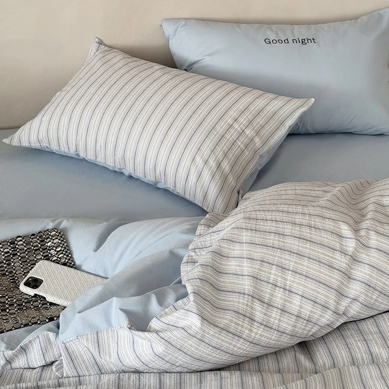 Bedding Set Breathable Cotton Muslin Reversible Fine Stripe