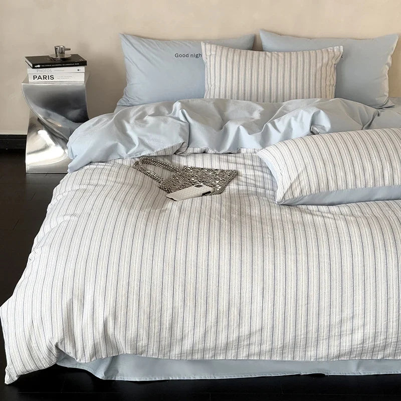 Bedding Set Breathable Cotton Muslin Reversible Fine Stripe