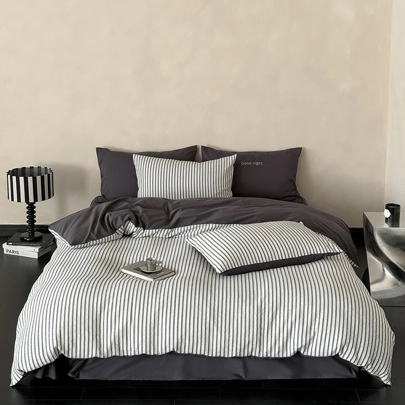 Bedding Set Breathable Cotton Muslin Reversible Fine Stripe
