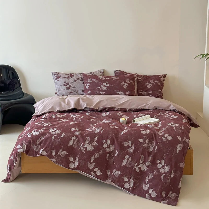 Bedding Set Breathable Cotton Percale Reversible Leaf Print