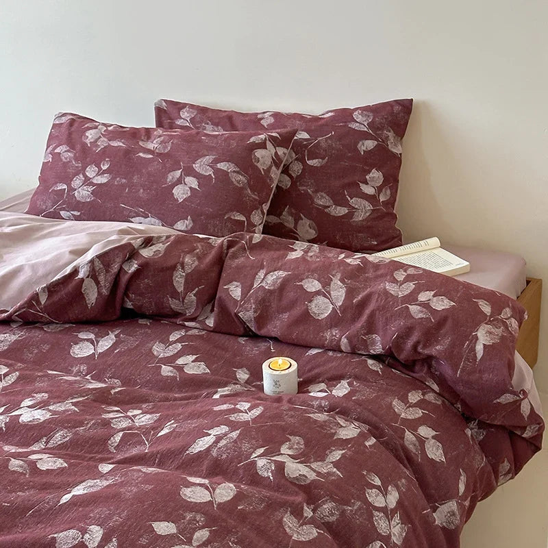 Bedding Set Breathable Cotton Percale Reversible Leaf Print